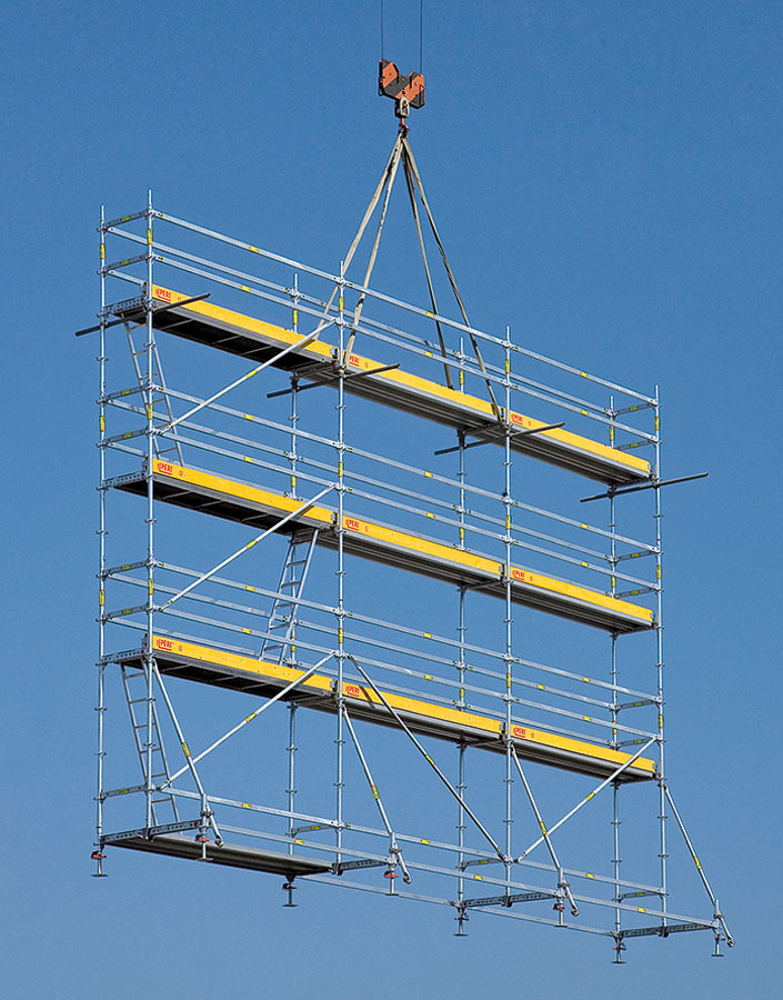 A complete reinforcement scaffolding unit with a length of 9.00 m, standing height of 6.30 m and a 72 cm working width can be moved with one crane lift.<br/>